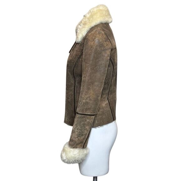 Express vintage Y2K brown leather faux fur lined zip up jacket size 8 - Picture 4 of 13